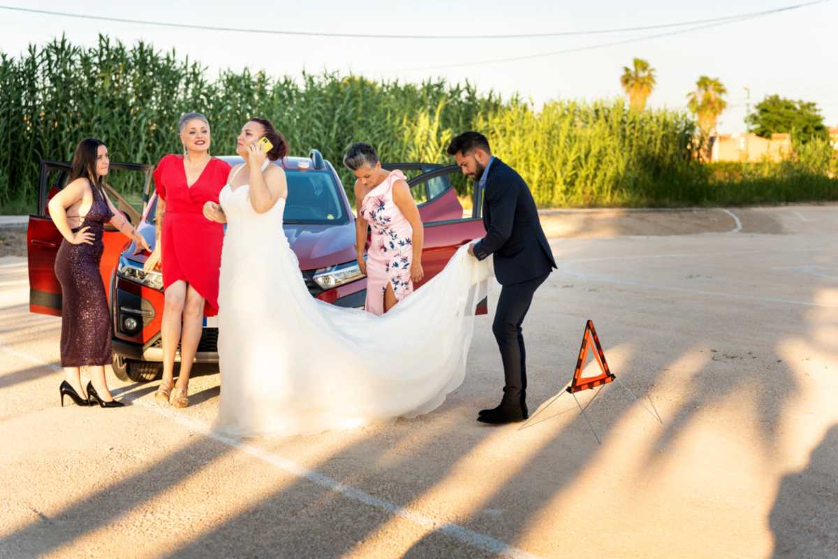 Wedding guest transportation planning scene with car and bridal group in New Jersey